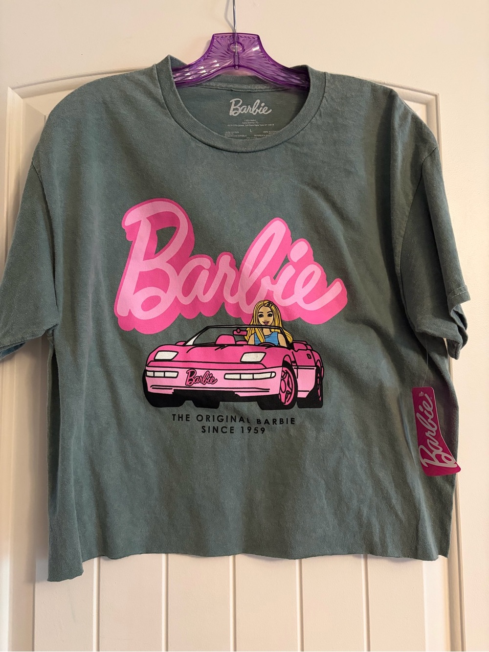 Barbie Graphic Tee in Dusty Green with Pink Logo